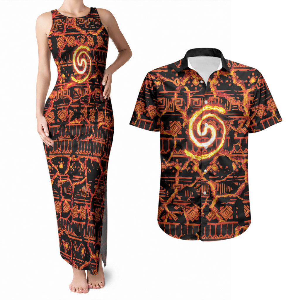 Polynesia Lava Monster Cosplay Couples Matching Tank Maxi Dress and Hawaiian Shirt Fiery Glowing Volcano Crack Pattern