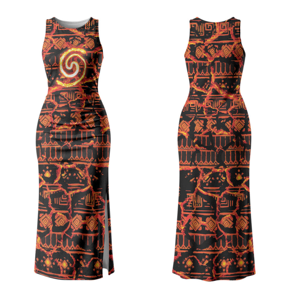 Polynesia Lava Monster Cosplay Couples Matching Tank Maxi Dress and Long Sleeve Button Shirt Fiery Glowing Volcano Crack Pattern