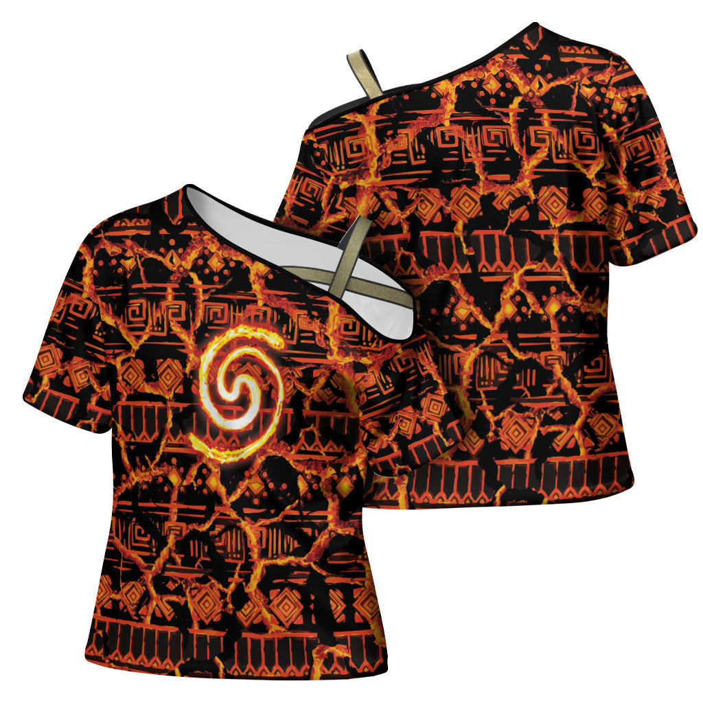 Polynesia Lava Monster Cosplay Cross Shoulder Shirt Fiery Glowing Volcano Crack Pattern