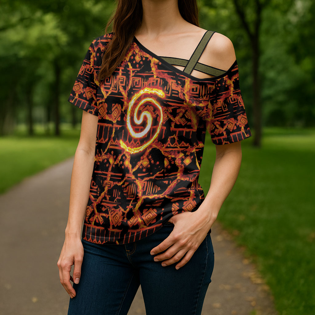 Polynesia Lava Monster Cosplay Cross Shoulder Shirt Fiery Glowing Volcano Crack Pattern