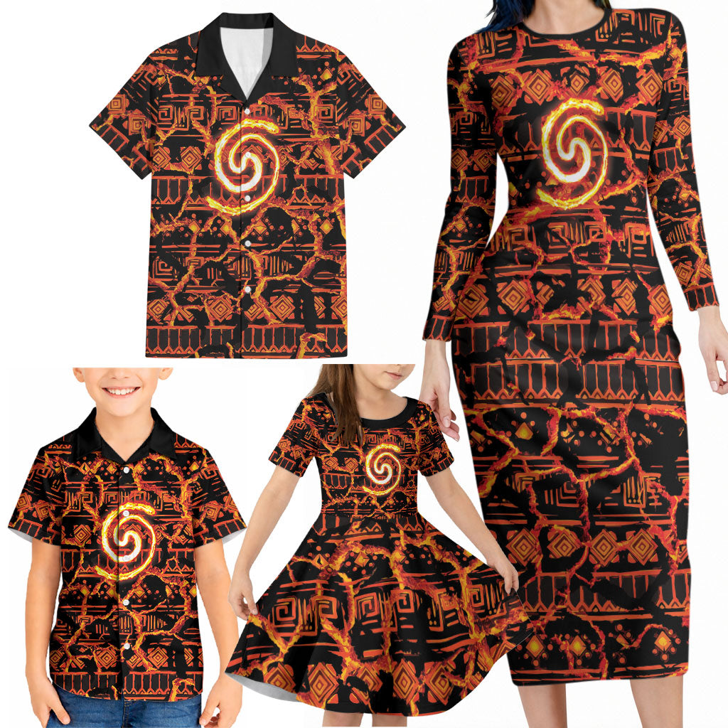 Polynesia Lava Monster Cosplay Family Matching Long Sleeve Bodycon Dress and Hawaiian Shirt Fiery Glowing Volcano Crack Pattern