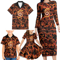 Polynesia Lava Monster Cosplay Family Matching Long Sleeve Bodycon Dress and Hawaiian Shirt Fiery Glowing Volcano Crack Pattern
