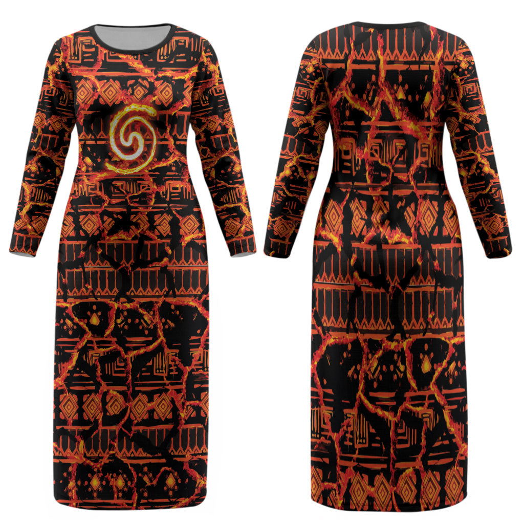 Polynesia Lava Monster Cosplay Family Matching Long Sleeve Bodycon Dress and Hawaiian Shirt Fiery Glowing Volcano Crack Pattern