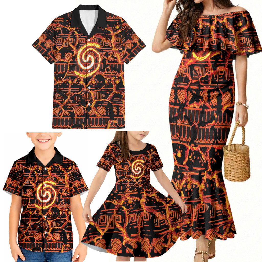 Polynesia Lava Monster Cosplay Family Matching Mermaid Dress and Hawaiian Shirt Fiery Glowing Volcano Crack Pattern