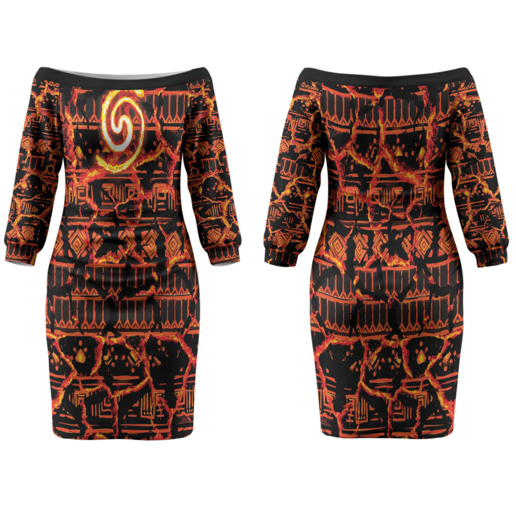 Polynesia Lava Monster Cosplay Family Matching Off The Shoulder Long Sleeve Dress and Hawaiian Shirt Fiery Glowing Volcano Crack Pattern