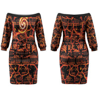 Polynesia Lava Monster Cosplay Family Matching Off The Shoulder Long Sleeve Dress and Hawaiian Shirt Fiery Glowing Volcano Crack Pattern