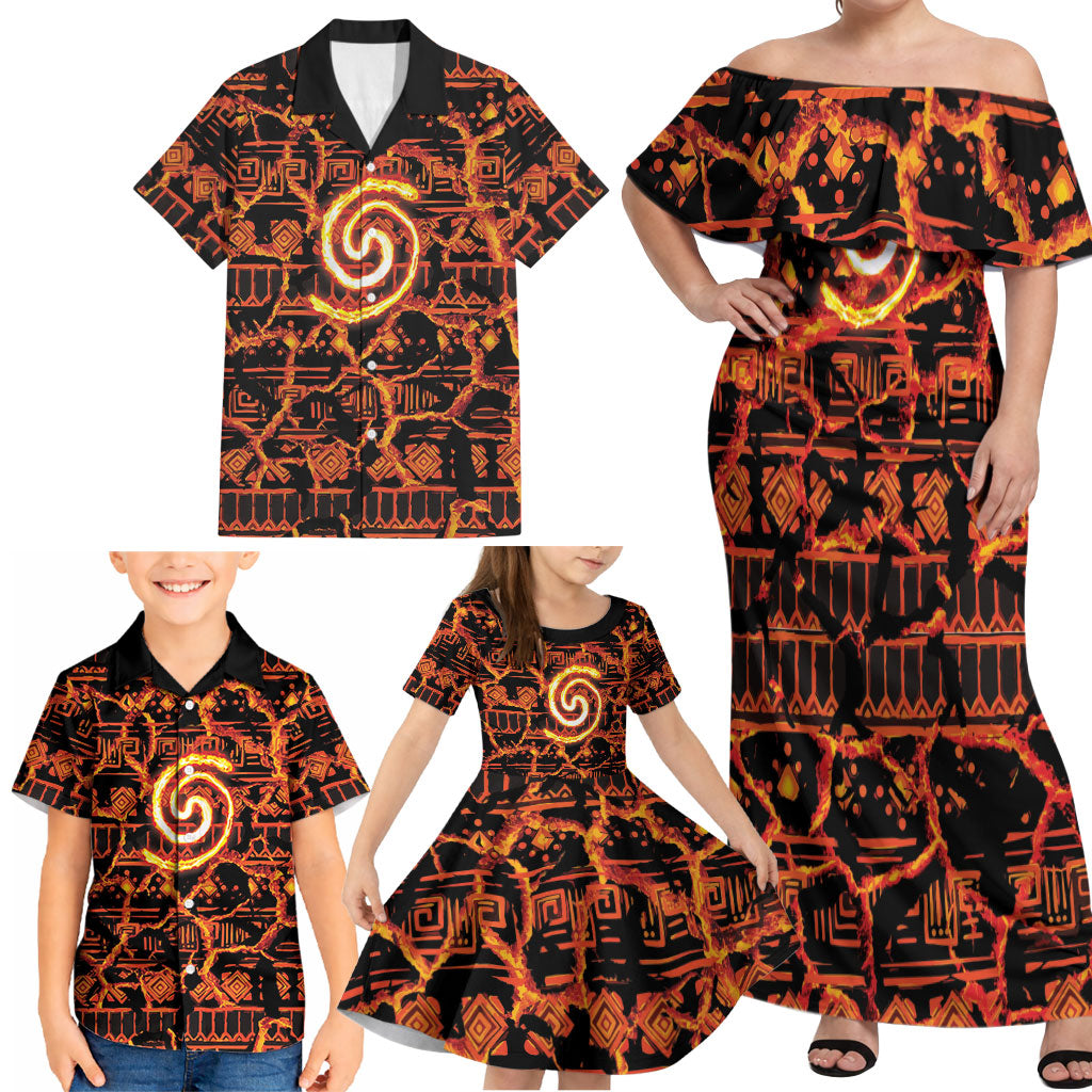 Polynesia Lava Monster Cosplay Family Matching Off Shoulder Maxi Dress and Hawaiian Shirt Fiery Glowing Volcano Crack Pattern