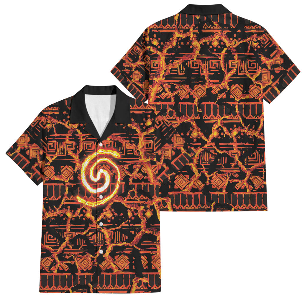 Polynesia Lava Monster Cosplay Family Matching Off Shoulder Maxi Dress and Hawaiian Shirt Fiery Glowing Volcano Crack Pattern