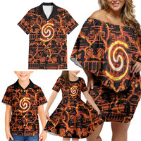 Polynesia Lava Monster Cosplay Family Matching Off Shoulder Short Dress and Hawaiian Shirt Fiery Glowing Volcano Crack Pattern