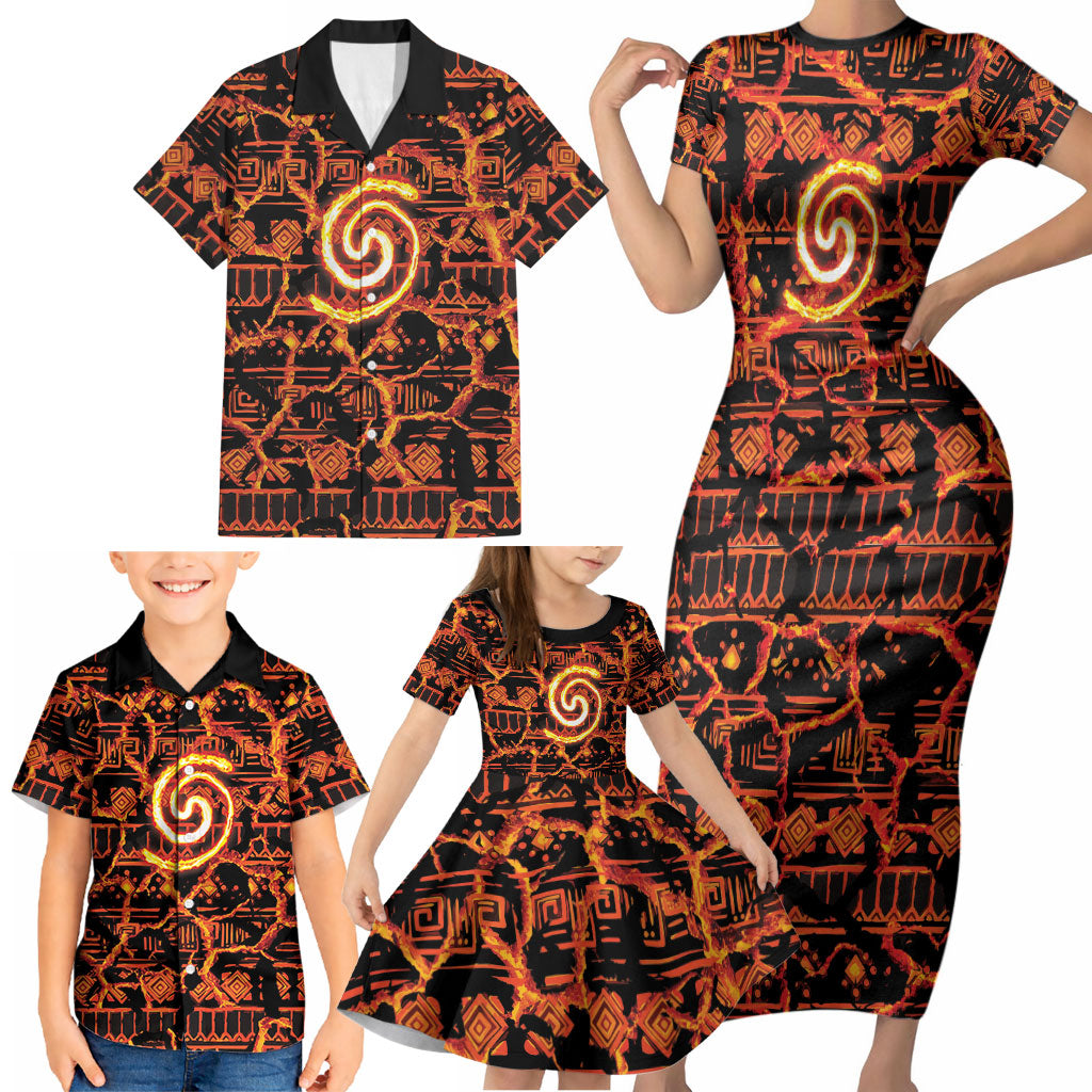 Polynesia Lava Monster Cosplay Family Matching Short Sleeve Bodycon Dress and Hawaiian Shirt Fiery Glowing Volcano Crack Pattern