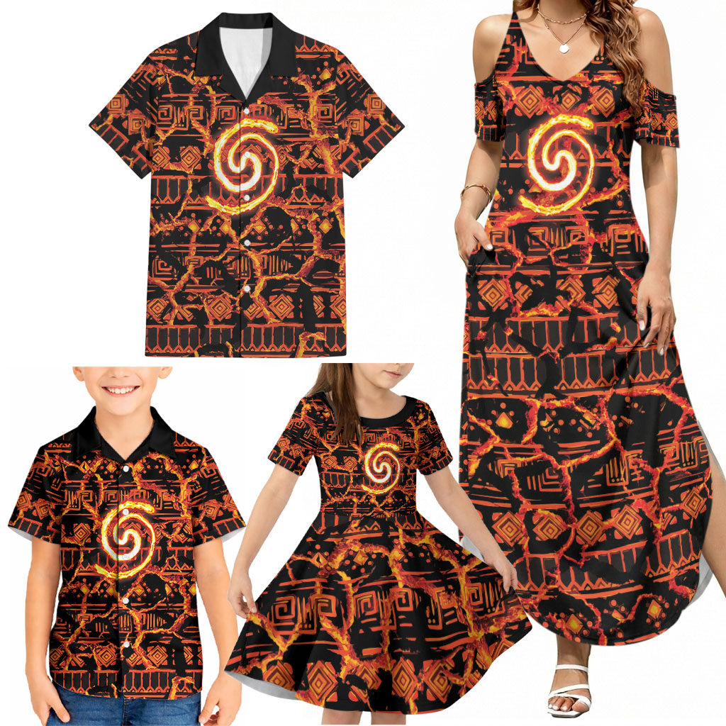 Polynesia Lava Monster Cosplay Family Matching Summer Maxi Dress and Hawaiian Shirt Fiery Glowing Volcano Crack Pattern
