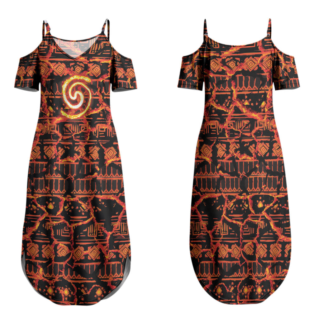 Polynesia Lava Monster Cosplay Family Matching Summer Maxi Dress and Hawaiian Shirt Fiery Glowing Volcano Crack Pattern