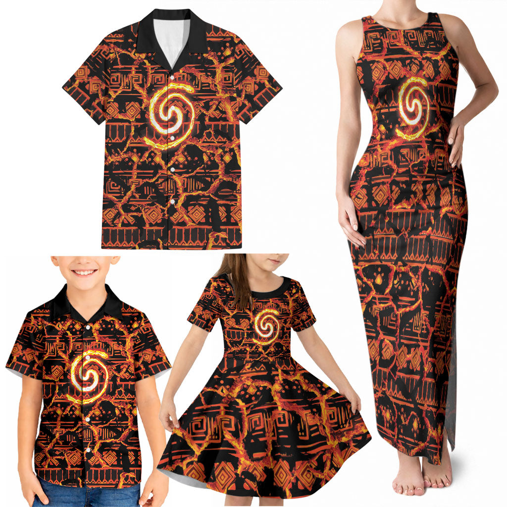 Polynesia Lava Monster Cosplay Family Matching Tank Maxi Dress and Hawaiian Shirt Fiery Glowing Volcano Crack Pattern