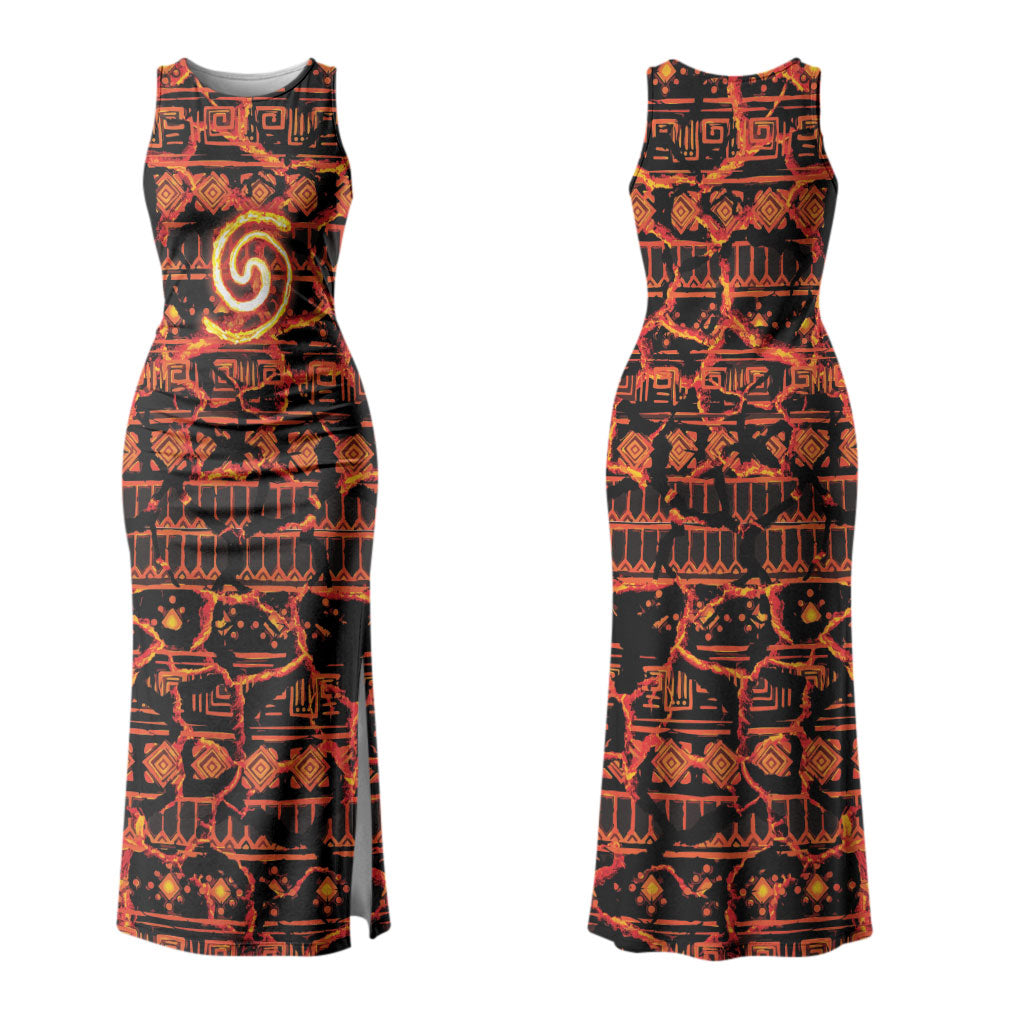 Polynesia Lava Monster Cosplay Family Matching Tank Maxi Dress and Hawaiian Shirt Fiery Glowing Volcano Crack Pattern