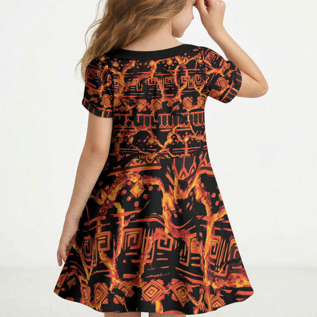 Polynesia Lava Monster Cosplay Kid Short Sleeve Dress Fiery Glowing Volcano Crack Pattern