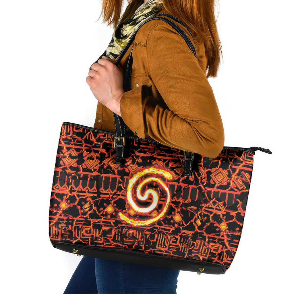 Polynesia Lava Monster Cosplay Leather Tote Bag Fiery Glowing Volcano Crack Pattern