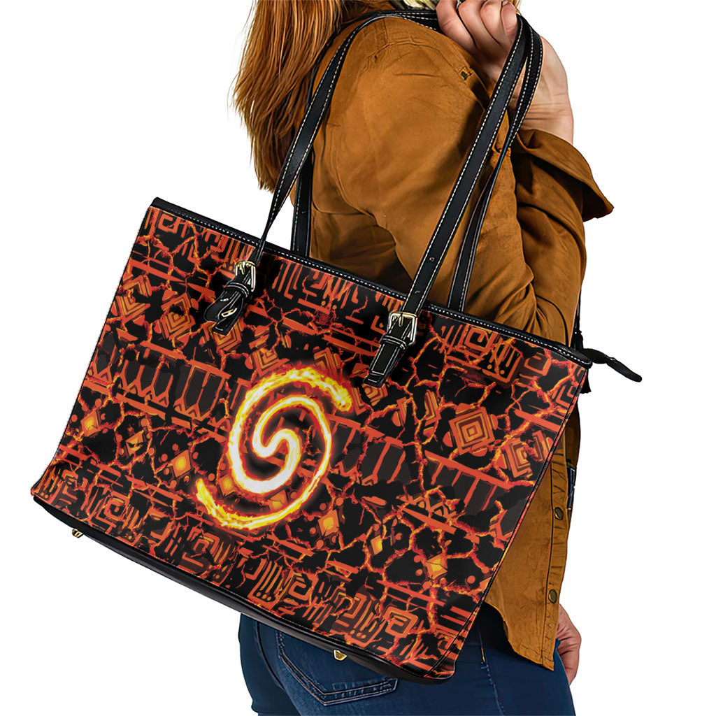 Polynesia Lava Monster Cosplay Leather Tote Bag Fiery Glowing Volcano Crack Pattern