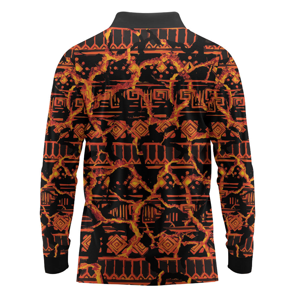 Polynesia Lava Monster Cosplay Long Sleeve Polo Shirt Fiery Glowing Volcano Crack Pattern