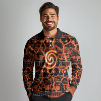 Polynesia Lava Monster Cosplay Long Sleeve Polo Shirt Fiery Glowing Volcano Crack Pattern