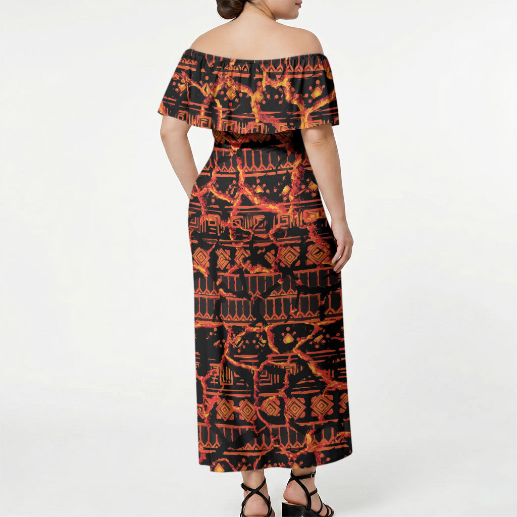 Polynesia Lava Monster Cosplay Off Shoulder Maxi Dress Fiery Glowing Volcano Crack Pattern
