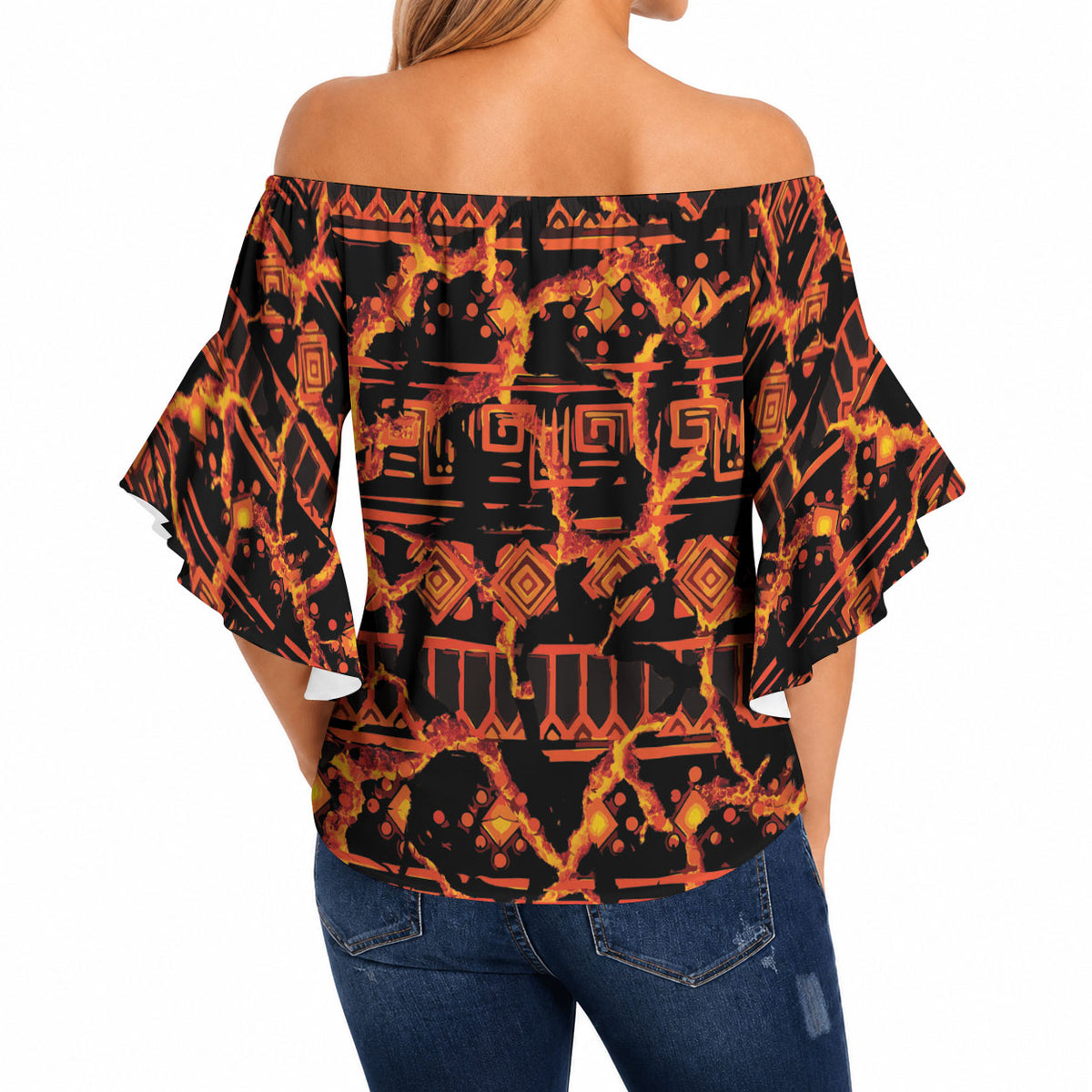 Polynesia Lava Monster Cosplay Off Shoulder Wrap Waist Top Fiery Glowing Volcano Crack Pattern