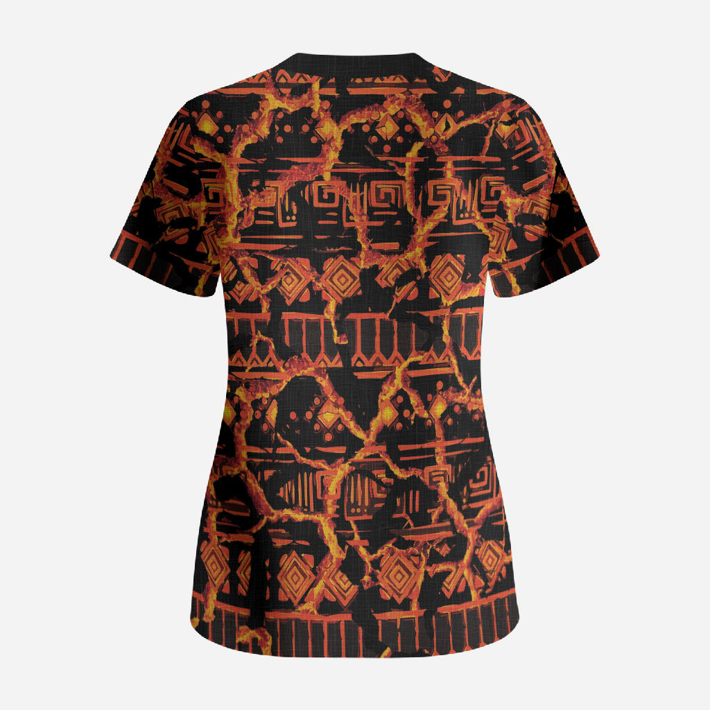 Polynesia Lava Monster Cosplay Scrub Top Fiery Glowing Volcano Crack Pattern