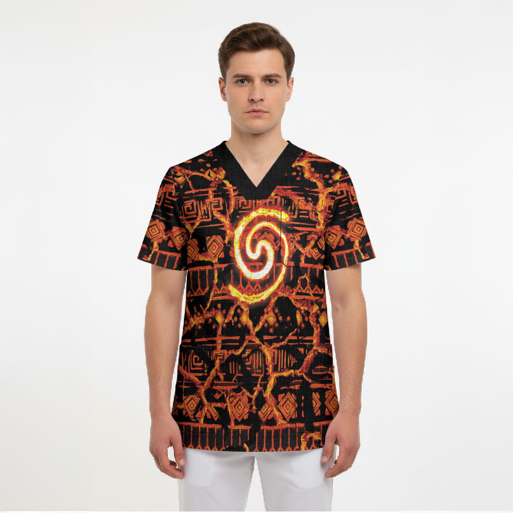 Polynesia Lava Monster Cosplay Scrub Top Fiery Glowing Volcano Crack Pattern