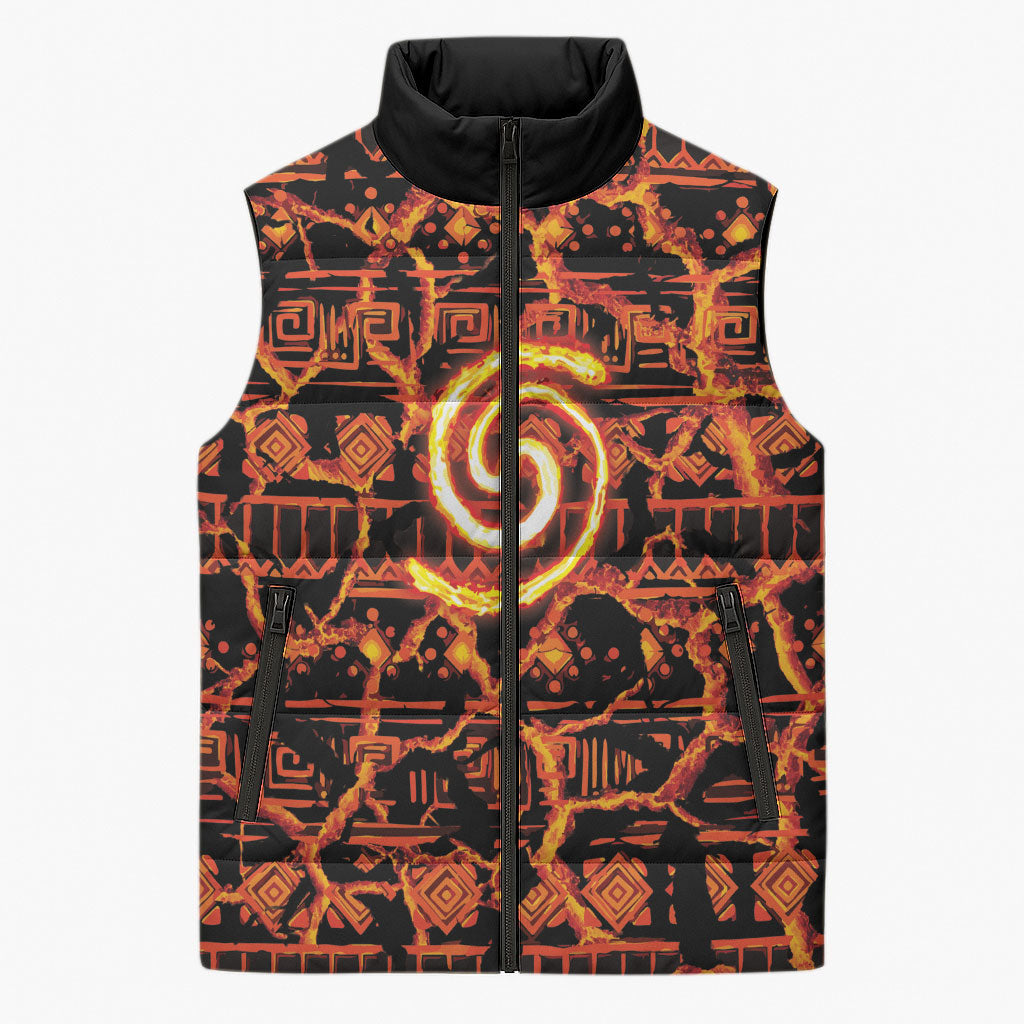 Polynesia Lava Monster Cosplay Sleeveless Puffer Jacket Fiery Glowing Volcano Crack Pattern
