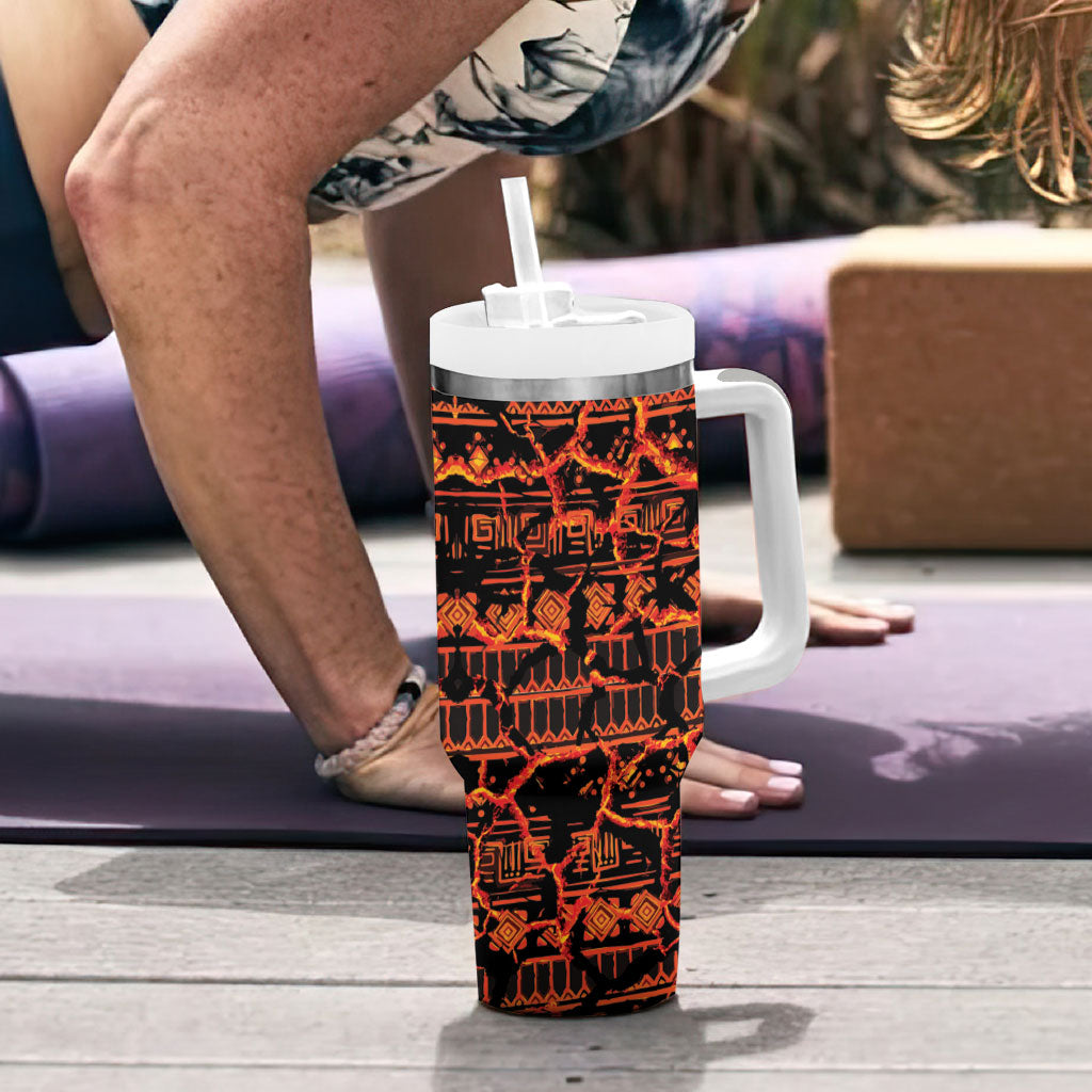 Polynesia Lava Monster Cosplay Tumbler With Handle Fiery Glowing Volcano Crack Pattern