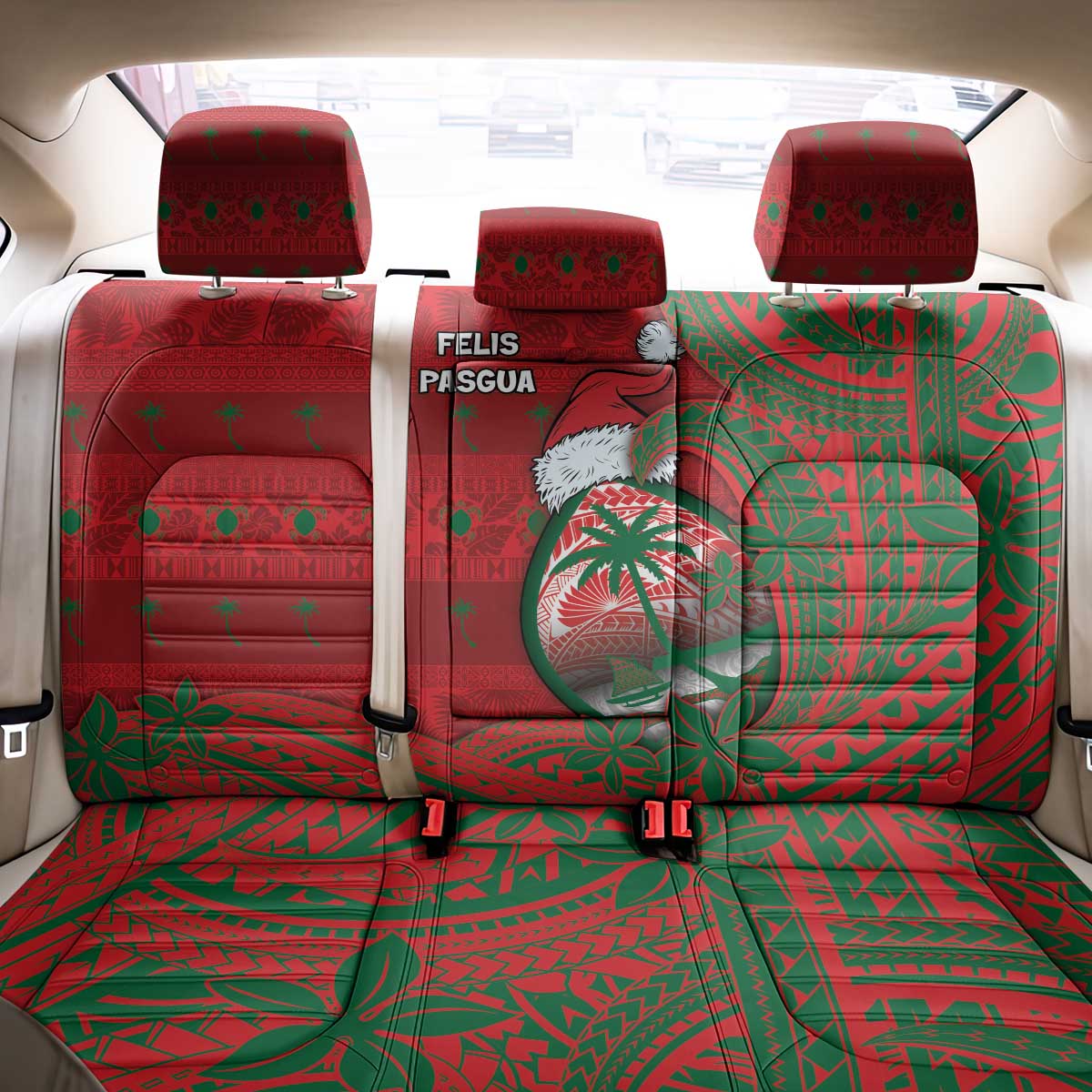 Guam Christmas Back Car Seat Cover Chamorro Seal Hat Santa Tribal Waves - Polynesian Pride