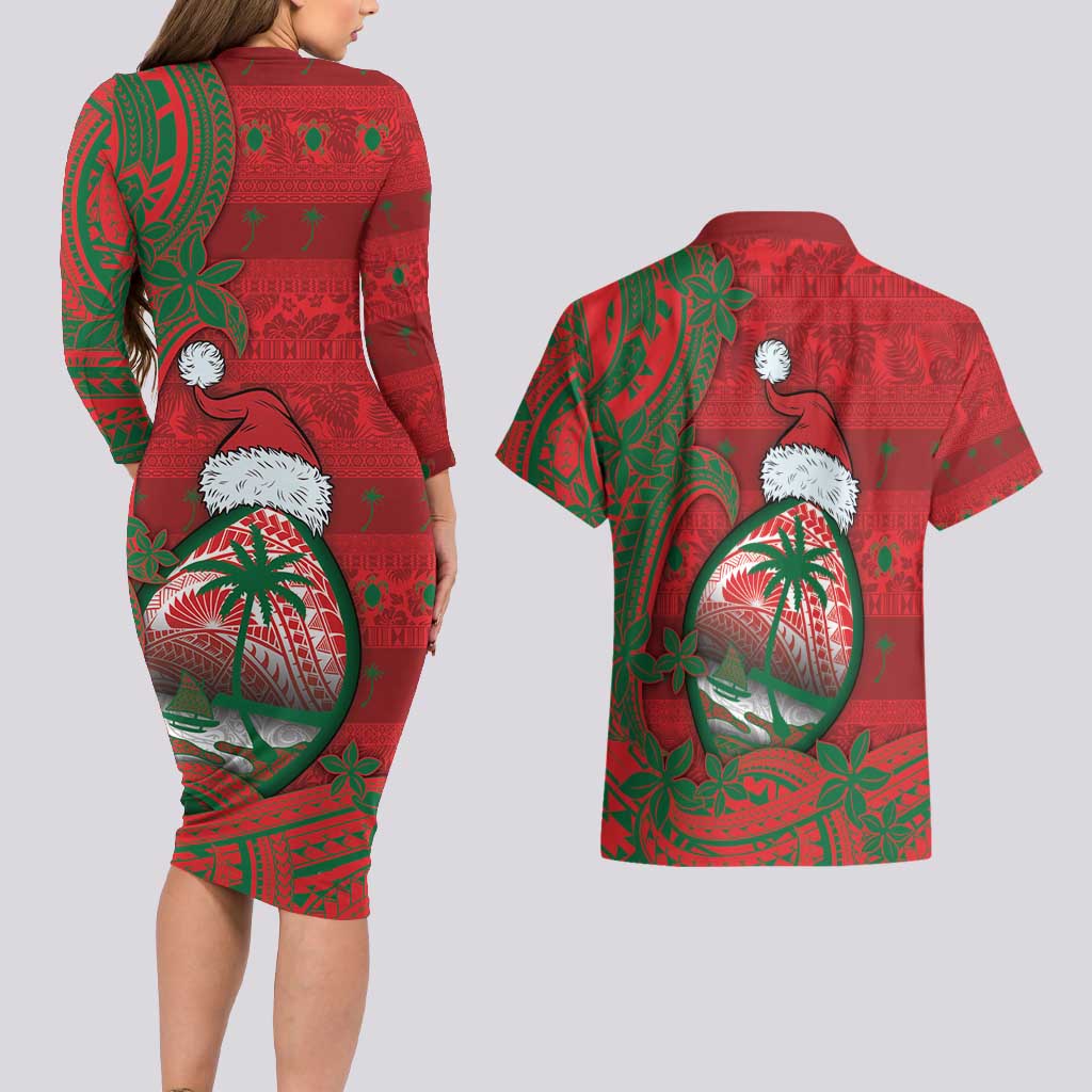 Guam Christmas Couples Matching Long Sleeve Bodycon Dress and Hawaiian Shirt Chamorro Seal Hat Santa Tribal Waves - Polynesian Pride