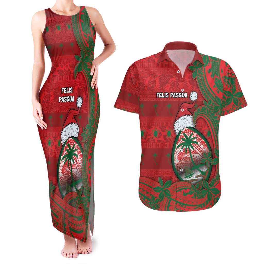 Guam Christmas Couples Matching Tank Maxi Dress and Hawaiian Shirt Chamorro Seal Hat Santa Tribal Waves - Polynesian Pride