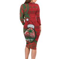 Guam Christmas Family Matching Long Sleeve Bodycon Dress and Hawaiian Shirt Chamorro Seal Hat Santa Tribal Waves - Polynesian Pride