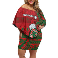 Guam Christmas Family Matching Off Shoulder Short Dress and Hawaiian Shirt Chamorro Seal Hat Santa Tribal Waves - Polynesian Pride
