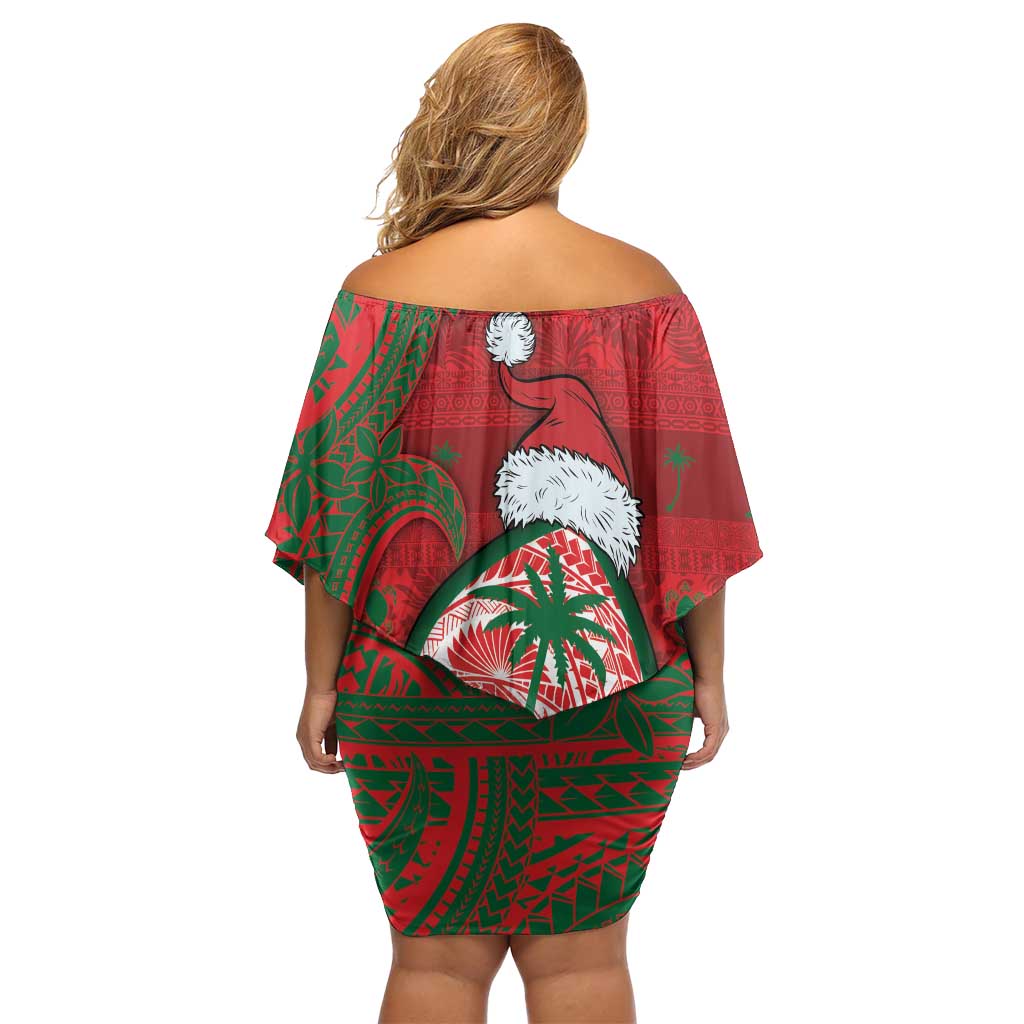 Guam Christmas Family Matching Off Shoulder Short Dress and Hawaiian Shirt Chamorro Seal Hat Santa Tribal Waves - Polynesian Pride