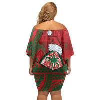Guam Christmas Family Matching Off Shoulder Short Dress and Hawaiian Shirt Chamorro Seal Hat Santa Tribal Waves - Polynesian Pride