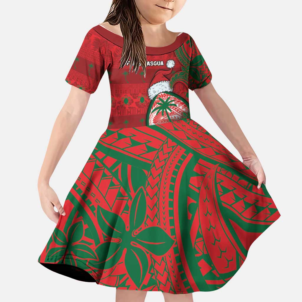Guam Christmas Family Matching Summer Maxi Dress and Hawaiian Shirt Chamorro Seal Hat Santa Tribal Waves DT05 Daughter's Dress Red - Polynesian Pride