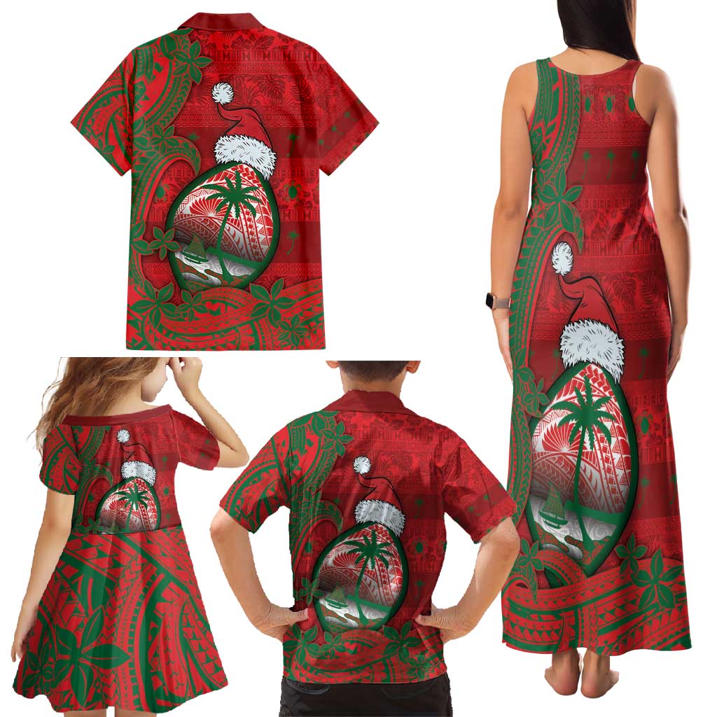 Guam Christmas Family Matching Tank Maxi Dress and Hawaiian Shirt Chamorro Seal Hat Santa Tribal Waves - Polynesian Pride
