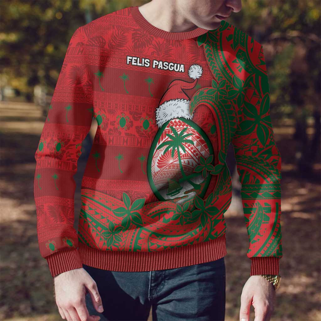 Guam Christmas Ugly Christmas Sweater Chamorro Seal Hat Santa Tribal Waves - Polynesian Pride