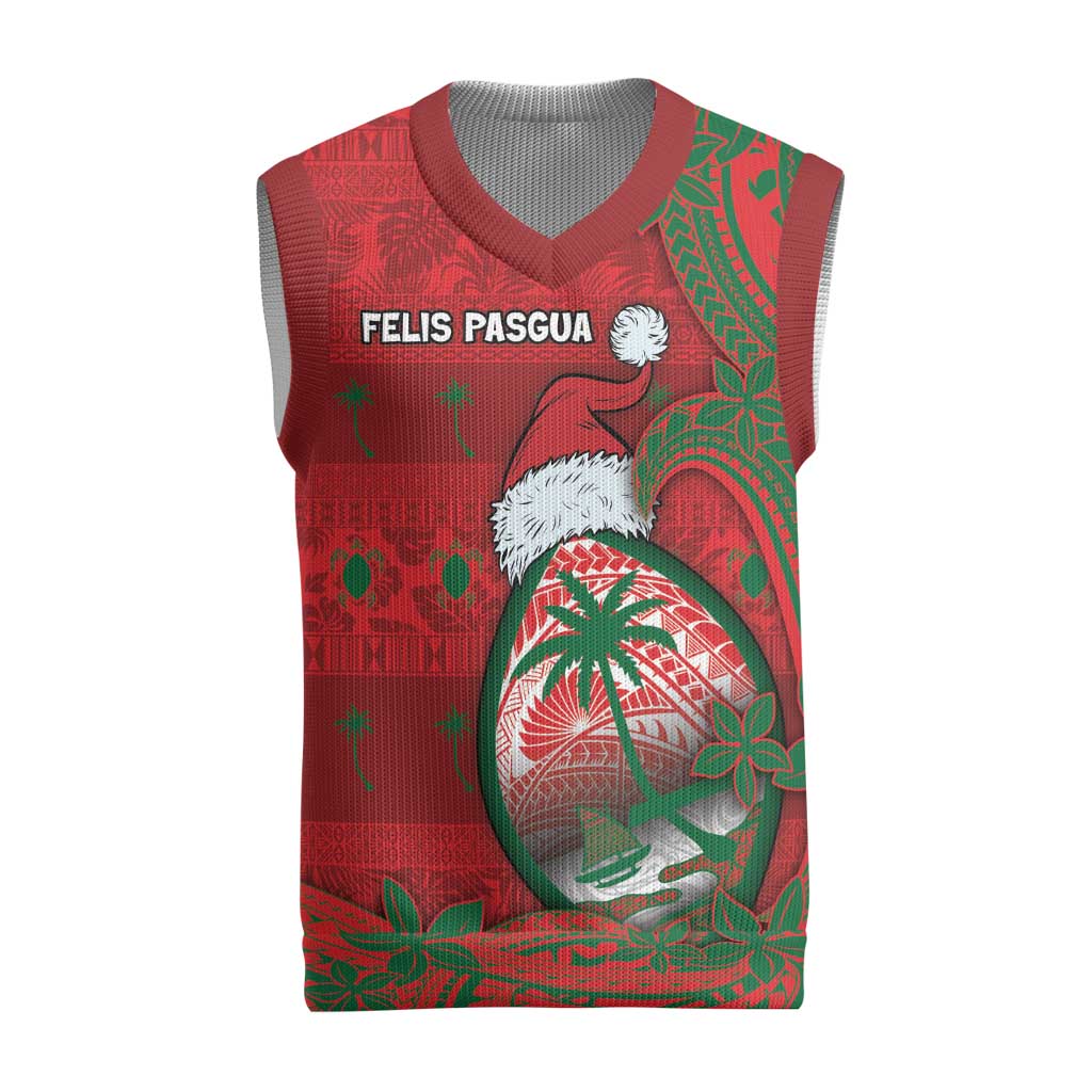 Guam Christmas Knitted V-Neck Vest Chamorro Seal Hat Santa Tribal Waves - Polynesian Pride