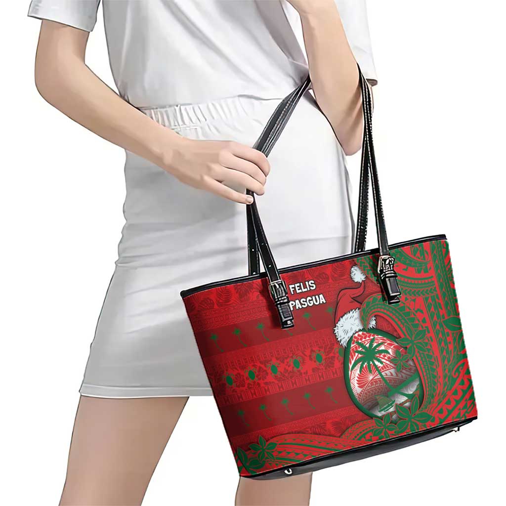 Guam Christmas Leather Tote Bag Chamorro Seal Hat Santa Tribal Waves - Polynesian Pride