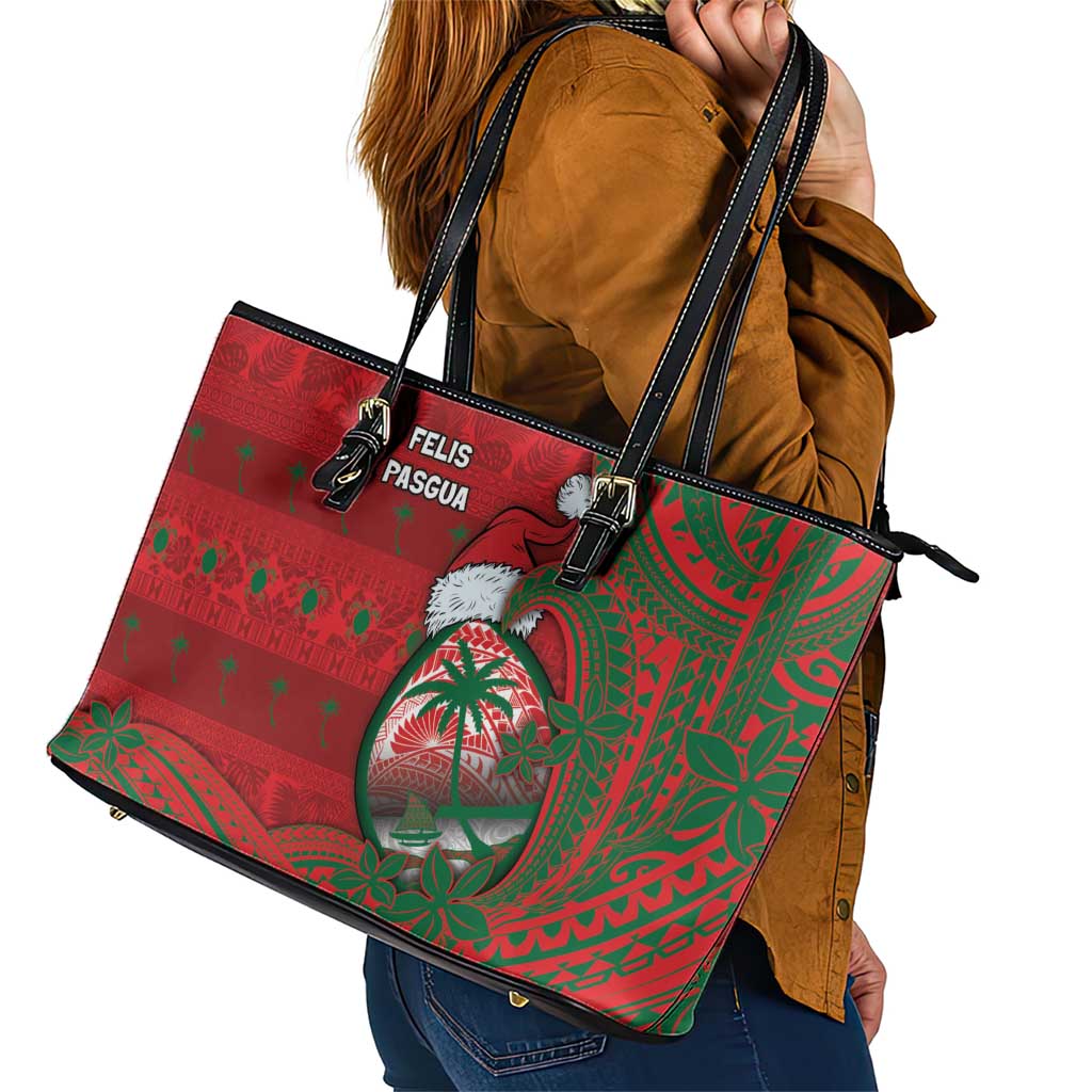 Guam Christmas Leather Tote Bag Chamorro Seal Hat Santa Tribal Waves - Polynesian Pride