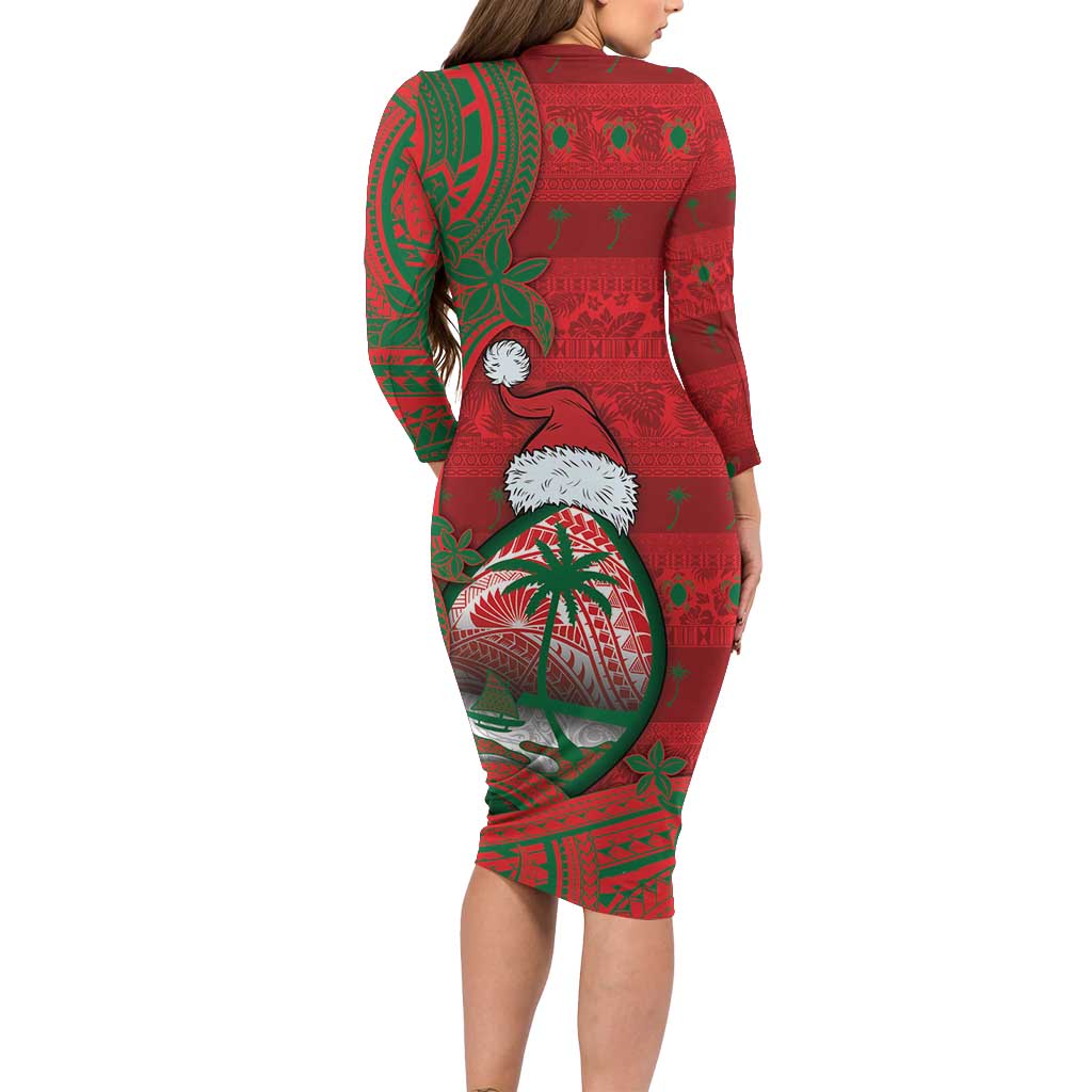 Guam Christmas Long Sleeve Bodycon Dress Chamorro Seal Hat Santa Tribal Waves - Polynesian Pride