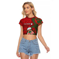 Guam Christmas Raglan Cropped T Shirt Chamorro Seal Hat Santa Tribal Waves - Polynesian Pride