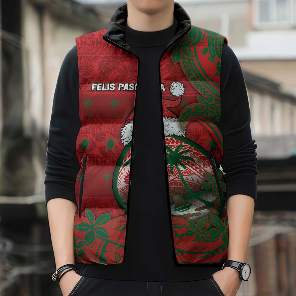 Guam Christmas Sleeveless Puffer Jacket Chamorro Seal Hat Santa Tribal Waves - Polynesian Pride