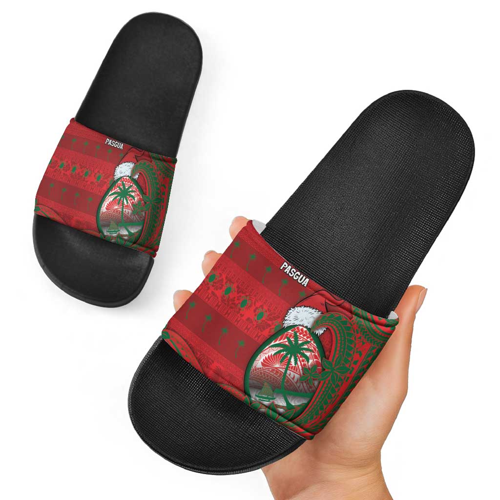 Guam Christmas Slide Sandals Chamorro Seal Hat Santa Tribal Waves - Polynesian Pride