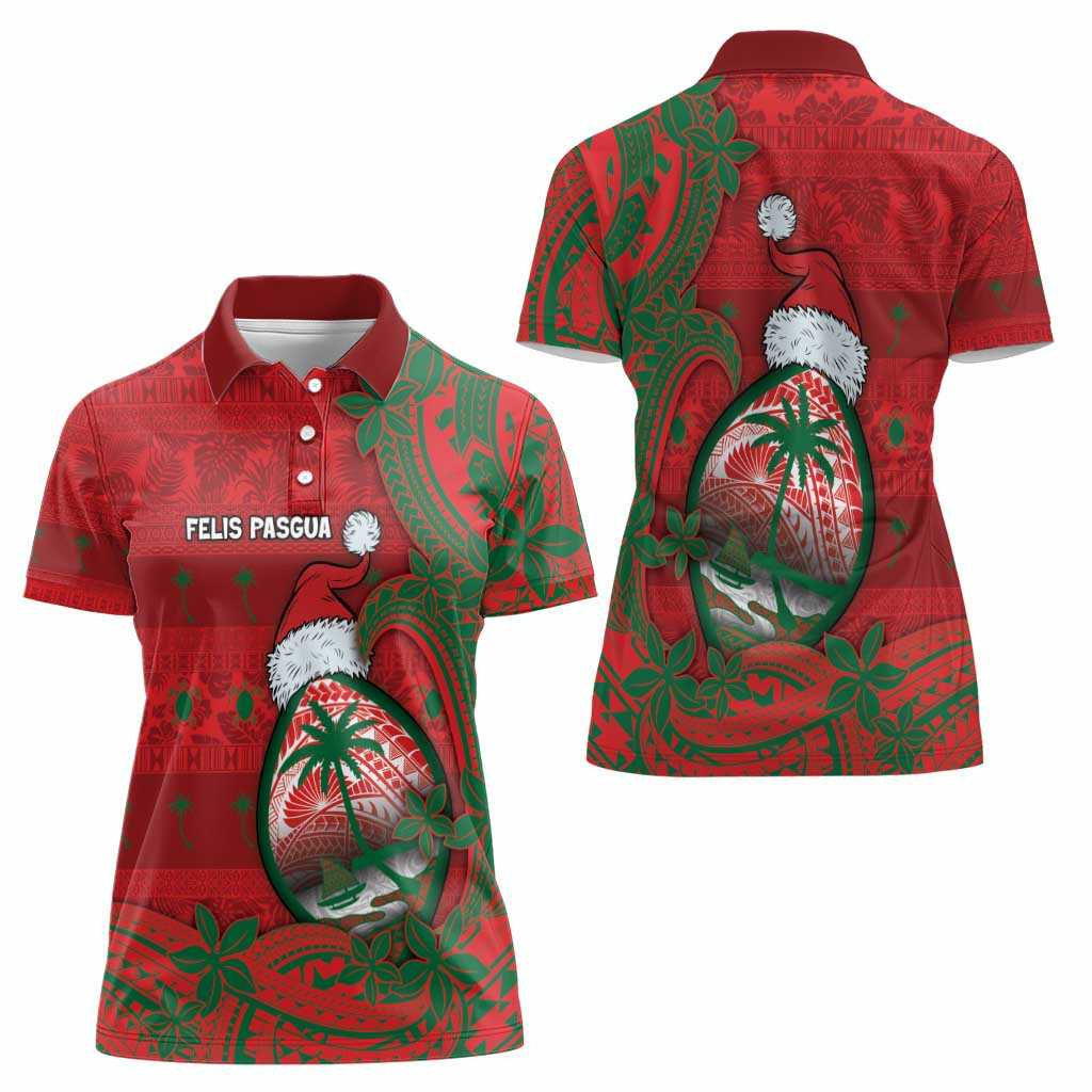 Guam Christmas Women Polo Shirt Chamorro Seal Hat Santa Tribal Waves - Polynesian Pride