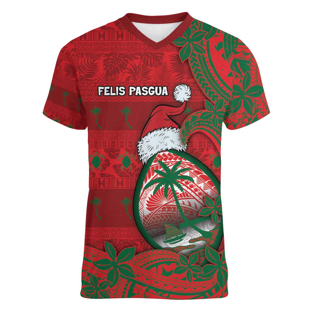 Guam Christmas Women V-Neck T-Shirt Chamorro Seal Hat Santa Tribal Waves - Polynesian Pride