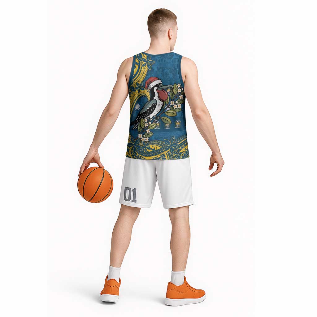 Nauru Christmas Basketball Jersey Frigatebird Bird Santa Tribal Waves - Polynesian Pride