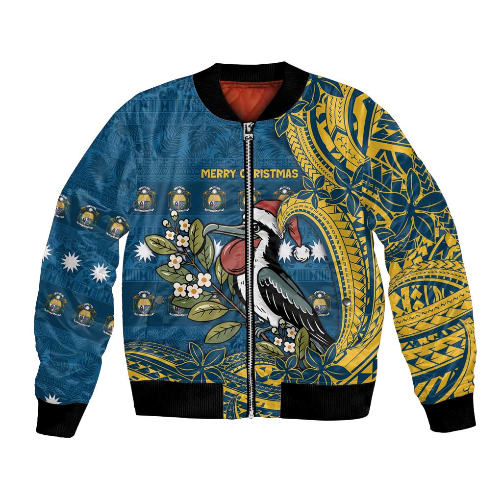 Nauru Christmas Bomber Jacket Frigatebird Bird Santa Tribal Waves - Polynesian Pride